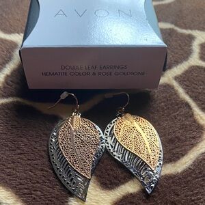 Avon Collection 2016 Double Leaf Hematite Color & Rose Gold Tone Earrings